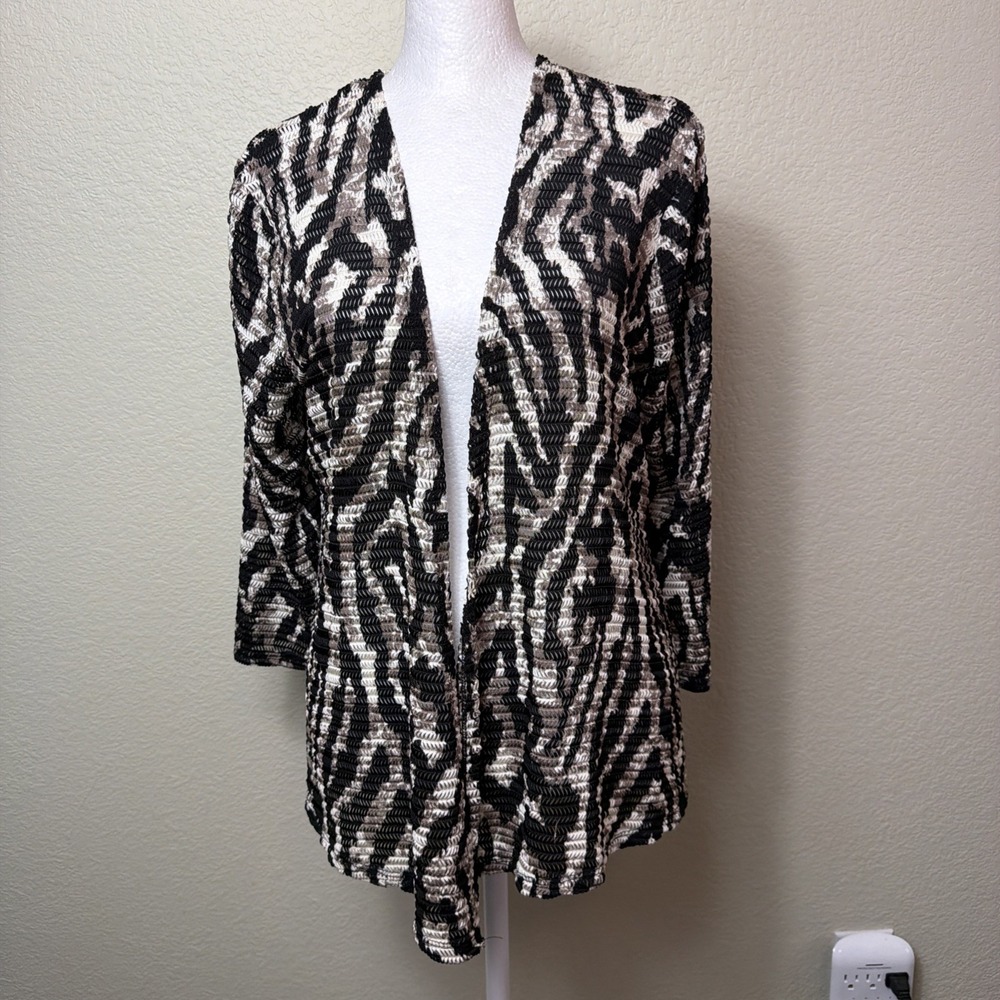 Chicos Easywear Size 0 Open Front Cardigan Zebra Animal Print Knit Sweater Top S